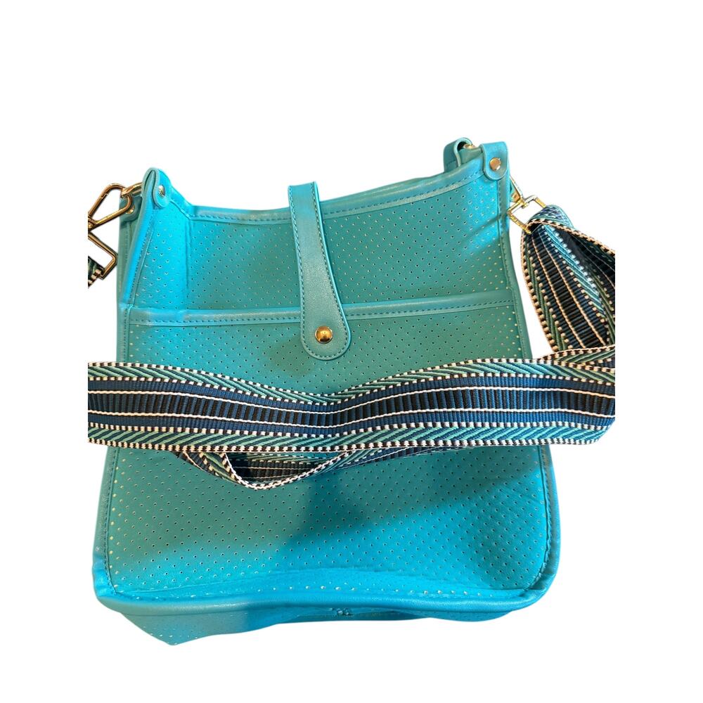 Threaded Pear Teal Crossbody Bag Adjustable Strap Perforated Purse Handbag